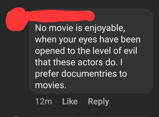 A response to the prompt from a member of the group, name redacted:
No movie is enjoyable, when your eyes have been opened to the level of evil that these actors do. I prefer documentries to movies.