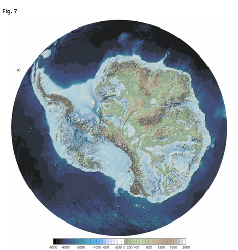 A relief map of the Antarctica and it surrounding waters.