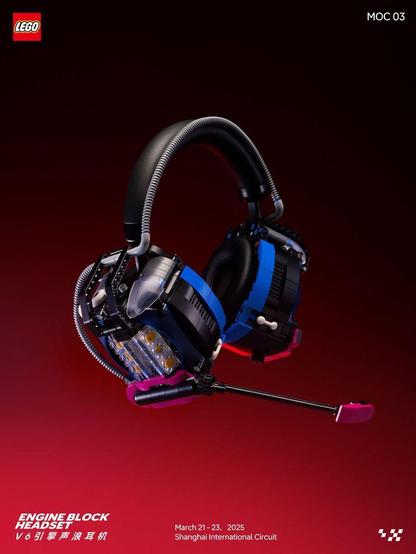 LEGO engine block-themed headset with blue and pink accents on a gradient red background. Features metal elements and a microphone.
