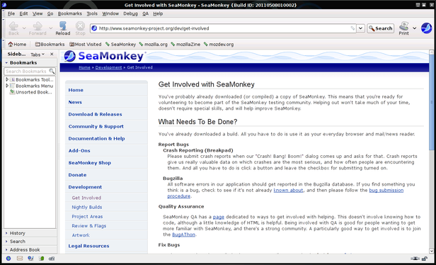 Screenshot of the SeaMonkey browser with a look reminiscent of the older netscape / mozilla days. The browser has separate back and forward buttons and they all have a retro-cool 90s/2000s style, with pixel art 3d effect and more shadows/relief than the currently popular flat style. To the left of every section there is a small bar to grab it and move it, the bar has these dots that make it look like a natural material that has an improved grip so your hands don't slip.