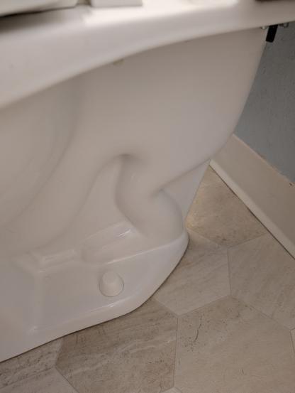 Photo of the side of a toilet. Sculpted into the porcelain is what looks like a leg with a knee and foot.