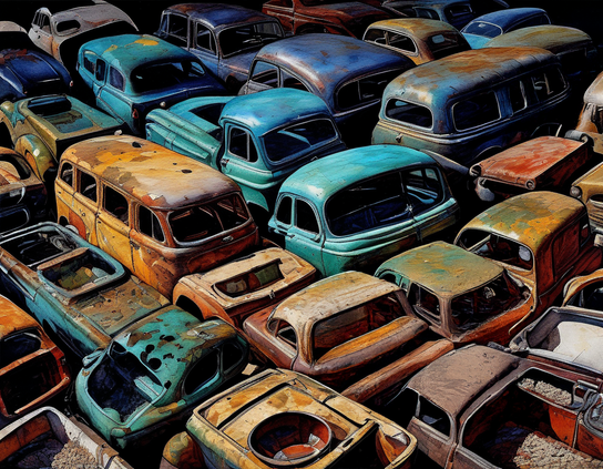 Old, weathered cars in various shades of blue, green, and brown are closely packed together, creating a striking, colorful pattern. The vehicles appear abandoned, with rust and decay visible, evoking a sense of nostalgia and forgotten history.