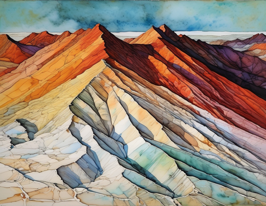 A stunning range of multicolored, mineral-rich jagged mountain peaks, blending a spectrum of reds, oranges, whites, and blues, creating a vibrant landscape of geological formations against a softly textured sky.