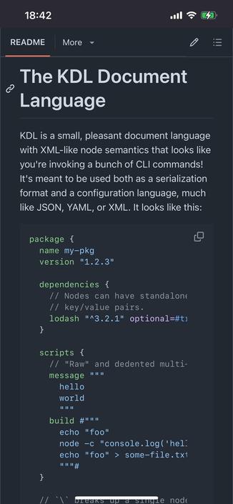 Screenshot of GitHub on mobile, showing syntax highlighted KDL text