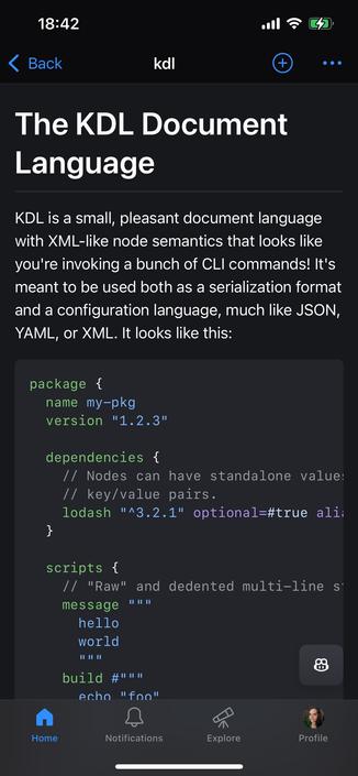 Screenshot of the iOS GitHub app, showing syntax highlighted KDL text