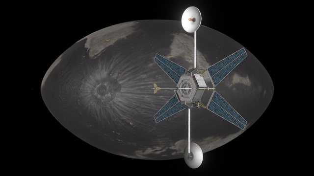 A screenshot from Kerbal Space Program, showing a relay satellite with two communications dishes and 4 trapezoidal solar panels orbiting over Mesbin, a rocky gray lentil-shaped planet with a large ray crater and several glowing orange volcanoes visible.