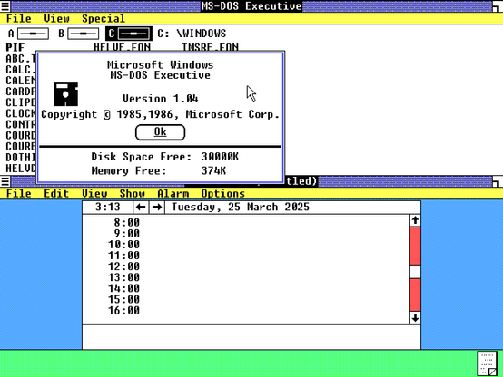Windows 1.04 running MS-DOS Executive and a calendar.