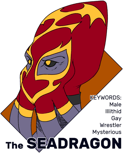 A profile picture for the Seadragon, a male mind flayer luchador. He has purple skin, gold eyes with black sclera, four tentacles emerging from where a person's mouth would be, and a red and gold mask with a dragon motif. He has the keywords "male," "illithid," "gay," "wrestler," and "mysterious."