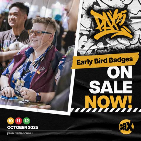Person enjoying a gaming event with others. Text reads: "PAX Early Bird Badges On Sale Now! October 10-12, 2025.