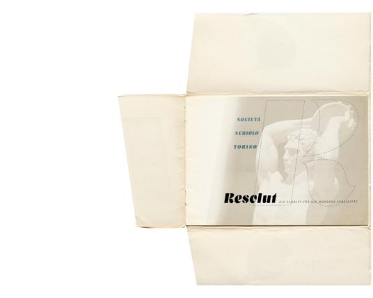 The booklet open with vertical flaps to a page showing a classical image of an athlete and the title, “Resolut”.
