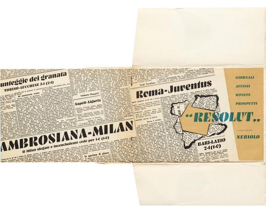 The specimen opened to a spread showing a newspaper with headlines set on the typeface and a hole broken open with “Resolut” popping out.