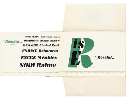 The booklet opened to a spread showing a waterfall of size samples and a large R.