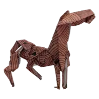 Origami horse in brown paper with brown half radiating half circle patterns.
