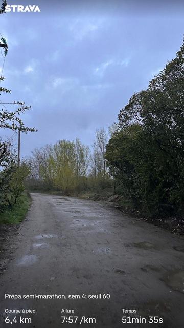 Au point du jour, sous un ciel particulièrement bouché, un chemin de terre encadré d’arbres et ponctué de flaques d’eau. Des statistiques Strava sont visibles.
