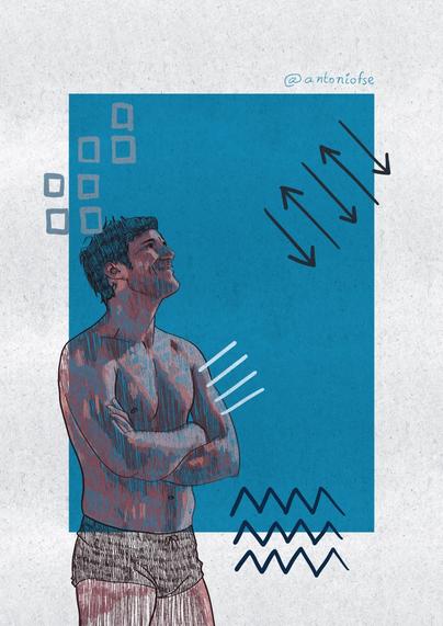 Digital illustration of a man in shorts, looking up to the side