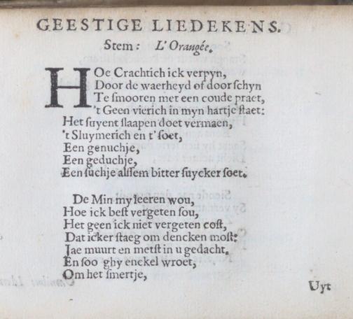 1e pagina van het gedicht 'Hoe crachtich ick verpyn'  in de bundel "Minne-plicht ende kuysheyts-kamp, als mede verscheyden aardighe en geestige nieuwe liedekens " uit 1626.