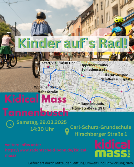 Flyer der Kidical Mass durch Tannenbusch am 29.03.2025 ab 14:30 Uhr durch Tannenbusch. Abgebildet ist der Verlauf der Route und ein Foto von fahrradfahrenden Kindern.