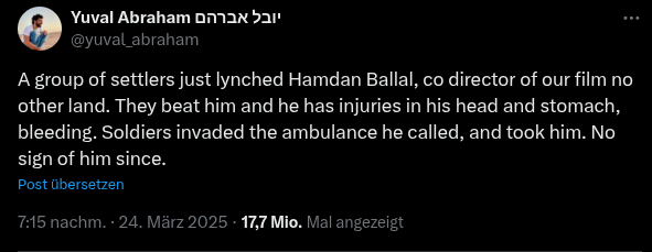 A group of settlers just lynched Hamdan Ballal, co director of our film no other land. They beat him and he has injuries in his head and stomach, bleeding. Soldiers invaded the ambulance he called, and took him. No sign of him since.