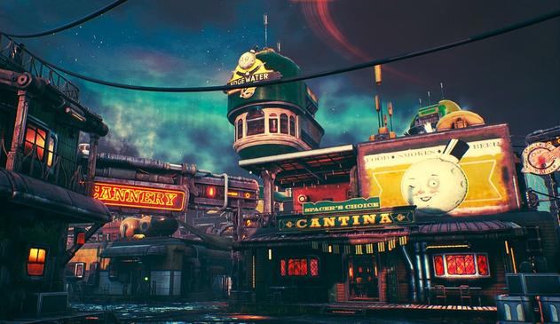 The Edgewater tower, cantina, and other frontier-style buildings characterise Emerald Vale's premier settlement.
