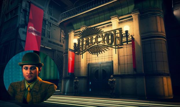 Distinguished by its art deco features, the Halcyon HQ building and its bright red banners light up a corner of the Groundbreaker; to the left,  a portrait of Reed Tobson in bowler hat and suit.