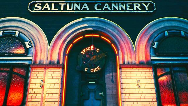 A close-up to the entrance of Spacer's Choice Cannery, an old industrial-style building in Edgewater, Emerald Vale.