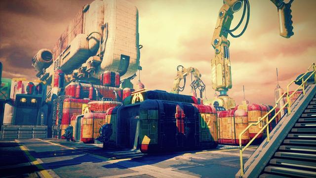 Bastions of industry: Multi-coloured crates and pods fill up the bustling Piraeus Spaceport, Eridanos.