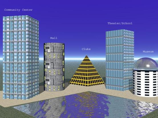 Amazing '90s 3D render
green ground plane, blue sky plane, go forever
Community Center is a blocky apartment building
Mall is a weird metallic cylinder
Clubs is a BADASS black & yellow-grid pyramid
Theatre/School is an even blockier industrial box
Museum is a weird short cylinder with glossy dome.
In front is badly reflecting water texture