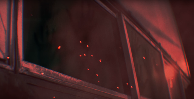 Windows in red lighting. Dark shadows of hands with outstretched fingers are faintly visible behind the windows.