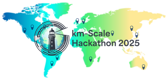 World map with several marked locations in America, South America, Africa, Europe, Asia and Australia, overlain by a logo with a lighthouse, saying "km-Scale Hackathon 2025"