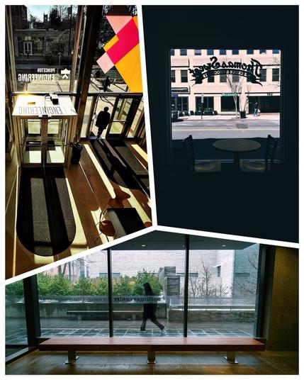 A trio of images featuring windows, reverse lettering and a lone figure walking by.