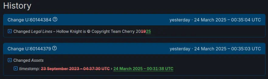 steamdb update history for silksong, they changed the copyright date and a timestamp yesterday