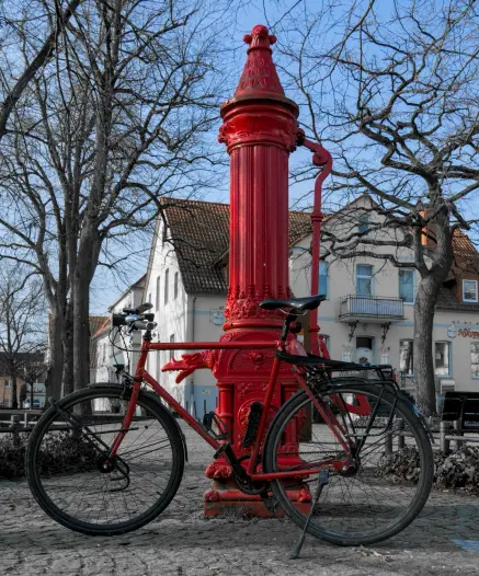 Mit rauhen, ca. 10x10cm großen Steinen gepflasterter Boden. Darüber hat das Bild einige Ebenen, ich beschreibe zie von vorne nach hinten:
1. Mein Fahrrad: Roter Diamantrahmen, Rest schwarz, Gepäckträger vorne und hinten, Zahnriemen.
2. Eine reich verzierte Pumpe aus Metallguss, lackiert in dem gleichen Rot wie mein Fahrrad. Sie ist ziemlich groß und nimmt fast die ganze Höhe des Bildes ein. Der Wasserausfluss ist eine Mischung aus Nashorn- und Drachenkopf und wird vom Fahrradrahmen schön eingerahmt.
3. Links und rechts die Ausläufer zweier Efeubewachsener Beete
4. Links drei unbelaubte Bäume hintereinander, rechts einer
5. Zweieinhalbstöckiges Haus mit rotem Spitzdach und Balkon, Ansicht von vorne, wo es breiter ist, als an der Seite
6. Links davon ein paar weitere Häuser, die mit zunehmender Entfernung immer kleiner werden
7. Blauer Himmel, etwa im oberen Drittel des Bildes, vollständig von den Ästen der Bäume durchzogen
