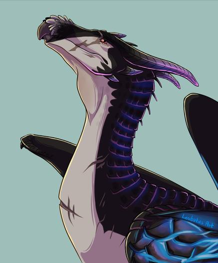 A digital portrait of a black dragon with blue-purple hues, light grey markings on his face & underside and lots of scars. The scales of his shoulders are burning with blue flames. He’s looking at the sky with a bored expression