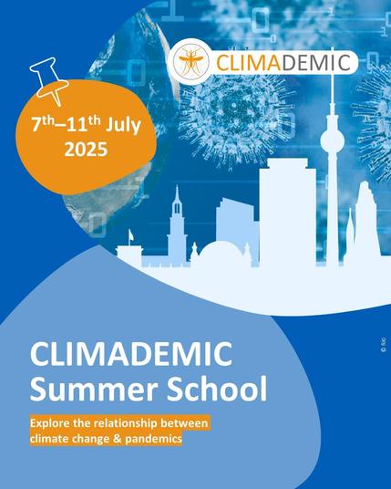 Graphic for the “CLIMADEMIC Summer School” taking place from July 7–11, 2025. The background features stylized images of viruses, binary code, and the globe. The Berlin skyline appears as a light silhouette. In the top right corner is the CLIMADEMIC logo with a stylized mosquito. Text on the image reads: “CLIMADEMIC Summer School – Explore the relationship between climate change & pandemics.”