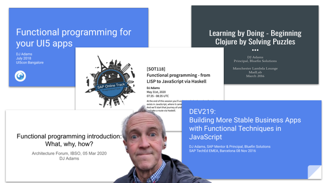 Some screenshots of title slides from various presentations on FP topics, with a selfie photo overlaid.
