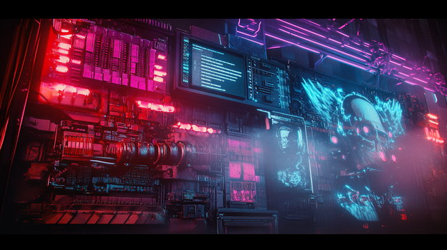 Cortex Infernal
Mur technologique saturé de lumières rouges et bleues, jonché de circuits, d’écrans codés et d’un visage digital en fusion.
Tech wall saturated with red and blue lights, filled with circuits, code screens, and a blazing digital face.