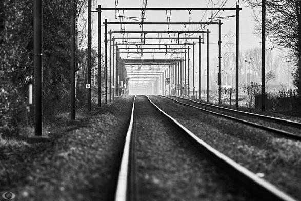 Blac and white picture of a railway track that appear to be two white lines drawing into the horizon. To the right there is the second traintrack. A lot of power poles on either side.