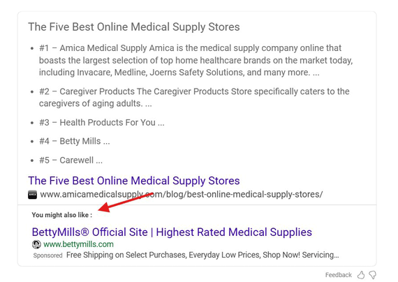 Bing placing ads within features snippets/answers named "You may also like"