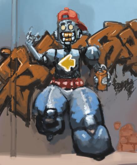 Digital painting of stylized robot thug, holding a spray can, leaning on a wall scrawled with grafitti