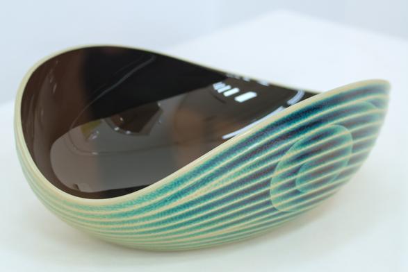Green and yellow striped lacquerware bowl