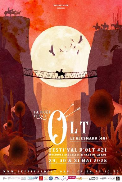 Affiche du festival d’Olt en Lozère 
C’est un dessin qui représente une scène du far west on voit des indien en haut des sommets d’un canyon au milieu il y a une passerelle sur laquelle passe un autre indien à cheval. Dans le ciel volent des vautours 
Le titre du festival qui est chaque année un jeu de mot avec « Olt » dedans, est cette fois ci « La ruée vers l’ Olt »