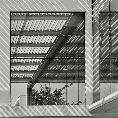 Black and white image of a window of the ALMA building in the Vitacura campus in Santiago (Metropolitan Region, Chile). The window is surrounded by a pattern of light and shadows, with the light coming from the top right side. The window is next to a corner, and another window reflects the lights and shadows, so both in the corner and the bottom of the windows a hatched pattern appears.