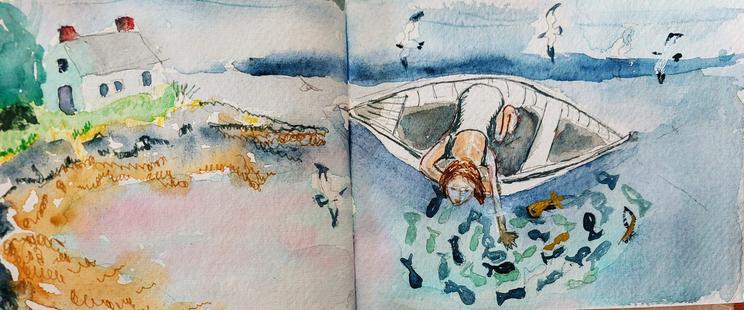 Girl leans over side of boat to play with fish in yhe water, with house, rocks, kelp and island in the distance and seagulls overhead.