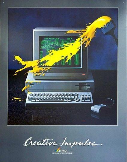 A vintage advertisement for the Amiga computer featuring a retro desktop computer with a green text display. A vibrant splash of yellow paint from a paintbrush hits the screen, symbolizing creativity and innovation. The tagline "Creative Impulse" appears prominently at the bottom, accompanied by the Amiga logo and the slogan "Gives you a creative edge."