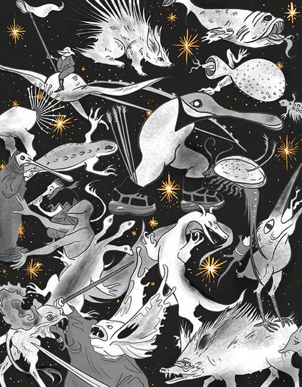 Illustration en peinture digitale d'un ciel étoilé, seules les étoiles sont en couleur, le reste de l'illustration est en noir et blanc. Elles ont le coeur jaune pâle et le contour jaune orangé. Elles entourent une galerie de petits monstres qui s'étend sur toute la page sans hiérarchie ou perspective. Il y a des monstres volants, un petit personnage casqué qui tient un filet, des monstres comme des oiseaux, d'autres comme des chiens ou des poissons, certains ont des vêtements comme des armures ou des robes médiévales. L'un d'eux ressemble à un sanglier aux dents pointures. Certains ont l'air joyeux d'autres se battent.