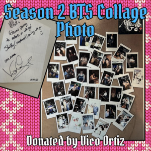 Another one of Vico's flash auction listings: Their Season 2 BTS Collage Photo. There is a photo of Vico's season 2 wrap gift to the cast & crew: a print of a collage they made from polaroid pictures of cast & crew taken during shooting. A smaller photo shows a note they wrote on the back of the print, which reads: 'What a glorious journey to embark on with you! Shitty (complement) sailing with you (winking smiley). Con amor, (Vico's signature).'