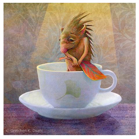 Bashful Monster in a Teacup
Humans aren't the only ones who enjoy a spot of tea now and again. Little monsters have been know to slip quietly into kitchens when no one is around and sneak a sip of two of freshly brewed sweetness. Alas, some of these tiny creatures may become so enamored with the tea, that they sip themselves silly and fall into a state of euphoria, causing all manner of behavior.

Against a subtle wallpaper background of leafy shapes, a very shy, furred creature stands in a white China teacup. Spiked  tufts of hair start at its crown and goes down its back. A bashful smile and gentle eyes look away as it holds its favorite orange leaf. NOTE: This description created especially for my lovely blind friend, Georgiana. :-)