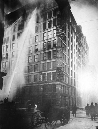 Image of Triangle Shirtwaist Factory fire, showing firefighters shooting a jet of water up to the 10th floor of the factory. Onlookers are in the street, including a horse and wagon. By Unknown author - http://www.ilr.cornell.edu/trianglefire/primary/photosIllustrations/slideshow.html?image_id=746&amp;sec_id=3#screen, Public Domain, https://commons.wikimedia.org/w/index.php?curid=14685005