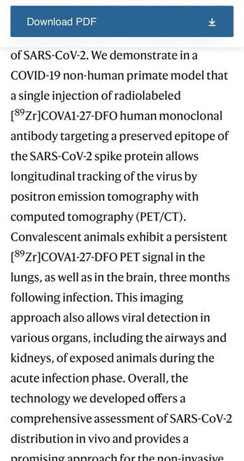 Download PDF of SARS-CoV-2. We demonstrate in a COVID-19 non-human primate model that a single injection of radiolabeled 89Zr]COVA1-27-DFO human monoclonal antibody targeting a preserved epitope of the SARS-CoV-2 spike protein allows longitudinal tracking of the virus by positron emission tomography with computed tomography (PET/CT). Convalescent animals exhibit a persistent [89Zr]COVA1-27-DFO PET signal in the lungs, as well as in the brain, three months following infection. This imaging approach also allows viral detection in various organs, including the airways and kidneys, of exposed animals during the acute infection phase. Overall, the technology we developed offers a comprehensive assessment of SARS-CoV-2 distribution in vivo and provides a promisino annroach forthe non.invocive