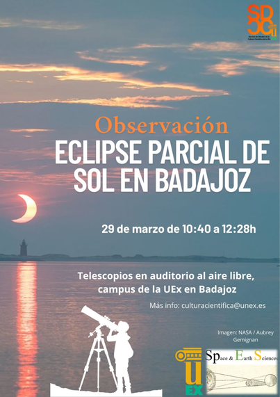 Observación: Eclipse parcial de sol en Badajoz

29 de marzo de 10:40 a 12:28h

Telescopios en auditorio al aire libre, campus de la UEx en Badajoz.
Más info: culturacientifica@unex.es